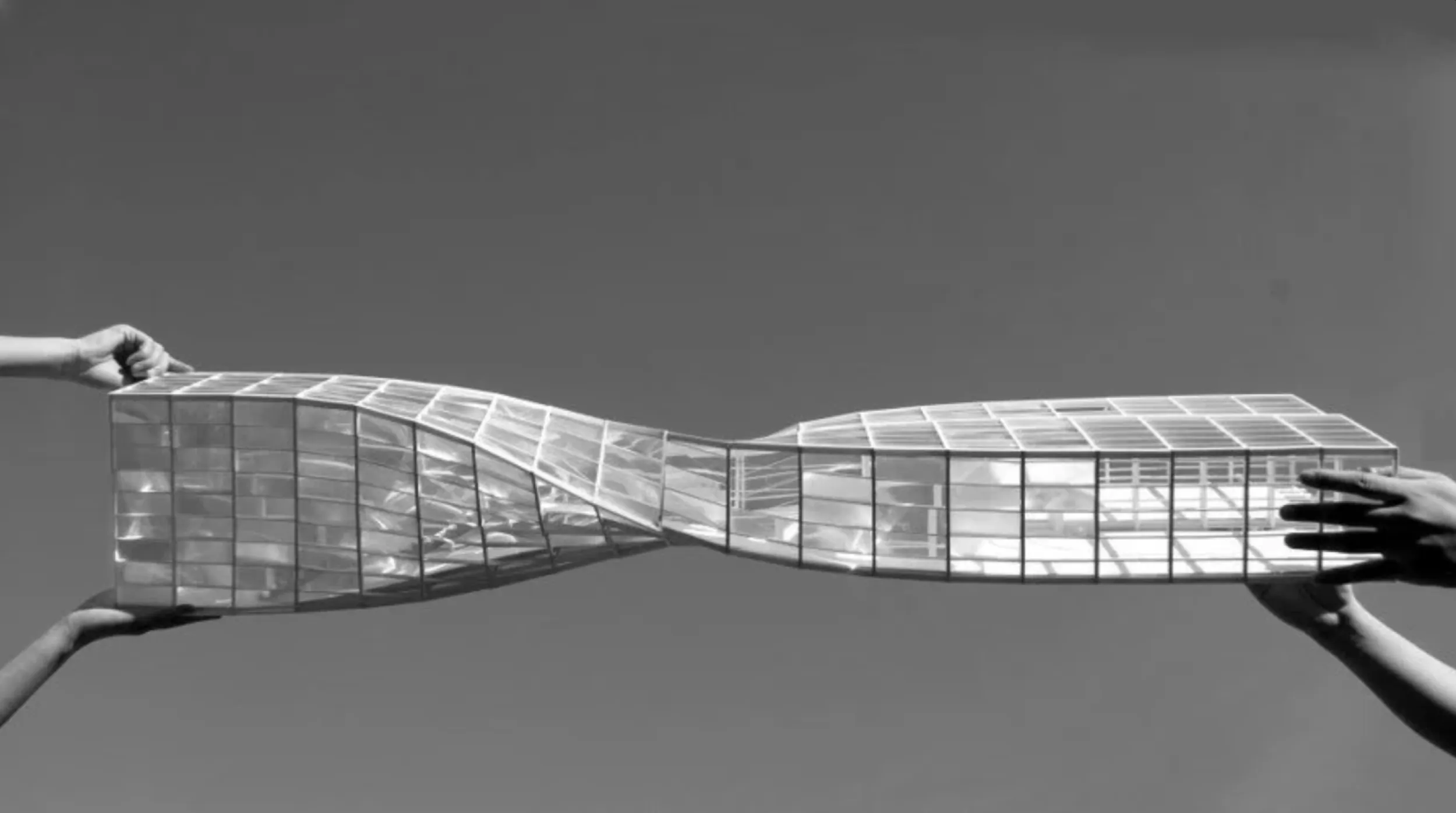 Lens Bridge — twisted glass and lens panel model, full bridge view