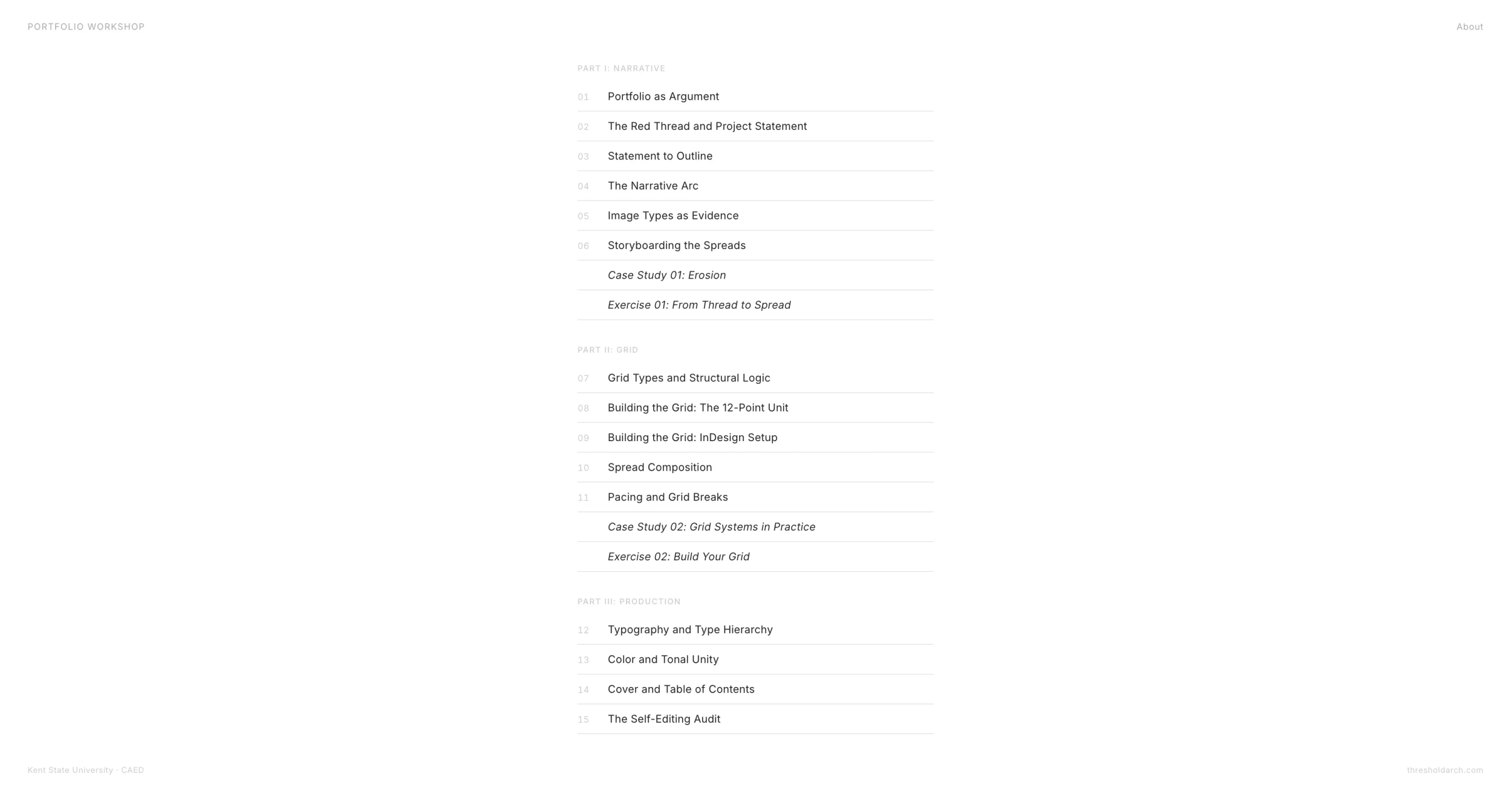Portfolio as Narrative — workshop table of contents (Part I Narrative, Part II Grid, Part III Production)