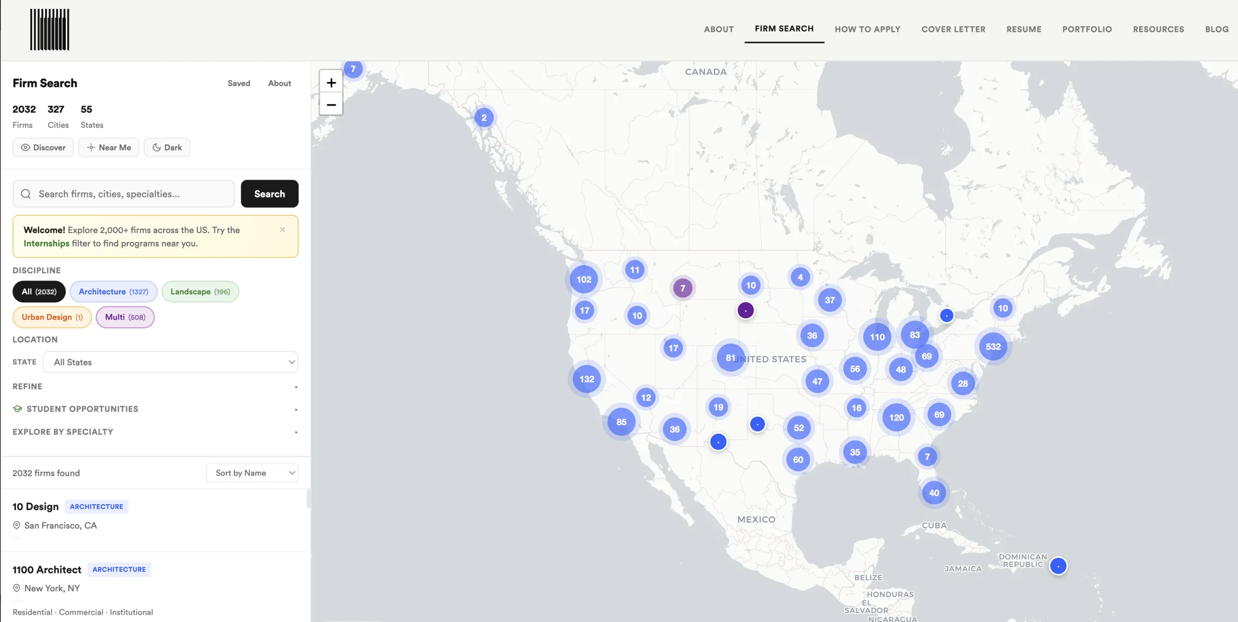 Threshold — Firm Search map view of 2,032 architecture firms across the US